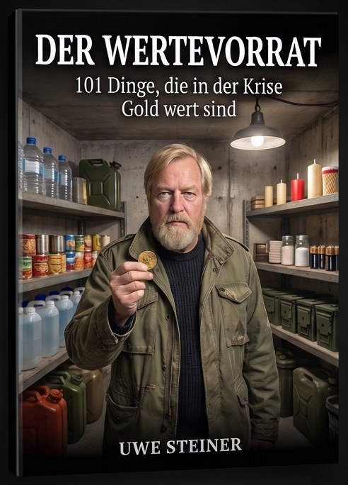 Cover von Der Wertevorrat: Uwe Steiner mit Goldmünze im Vorratskeller